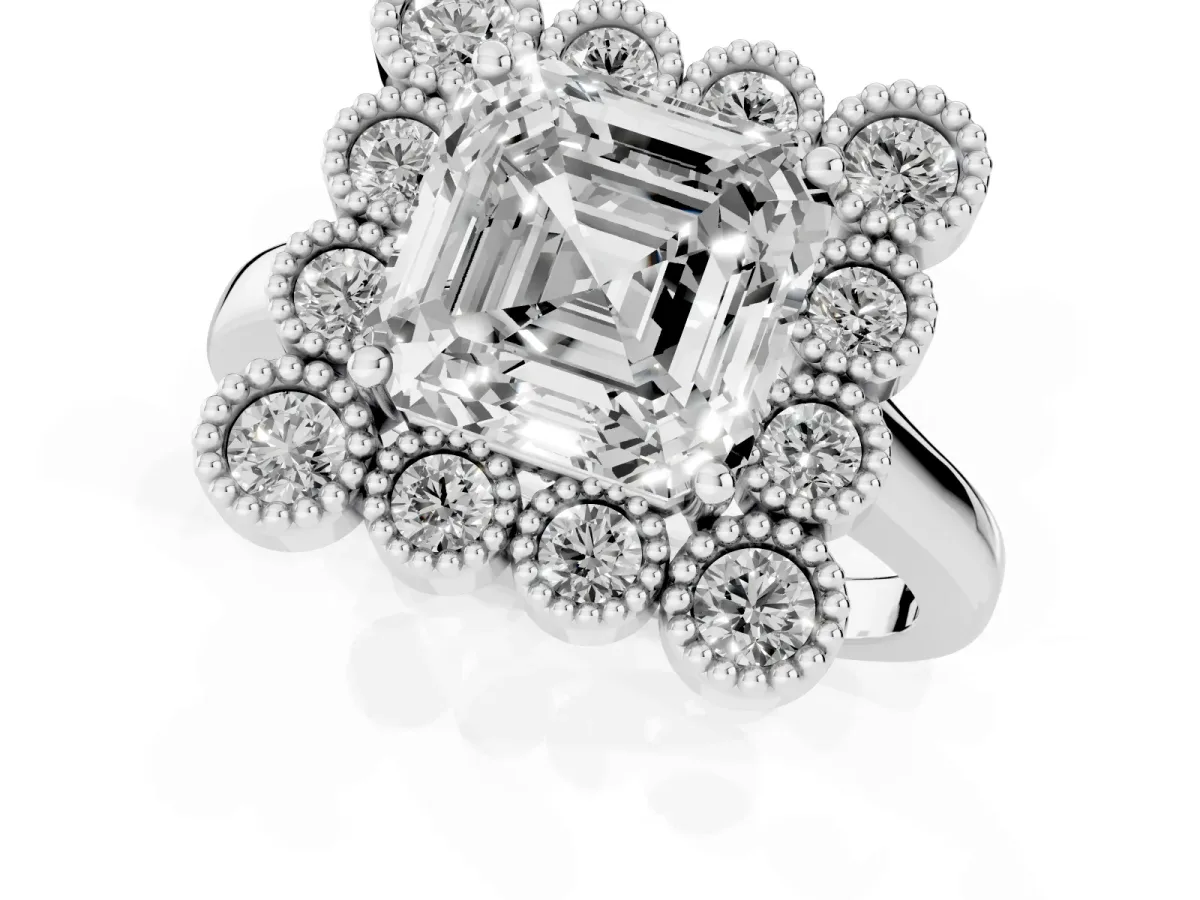 Asscher Cut Halo Diamond Cluster Engagement Ring with Milgrain Bezel Setting and Solitaire Band Platinum