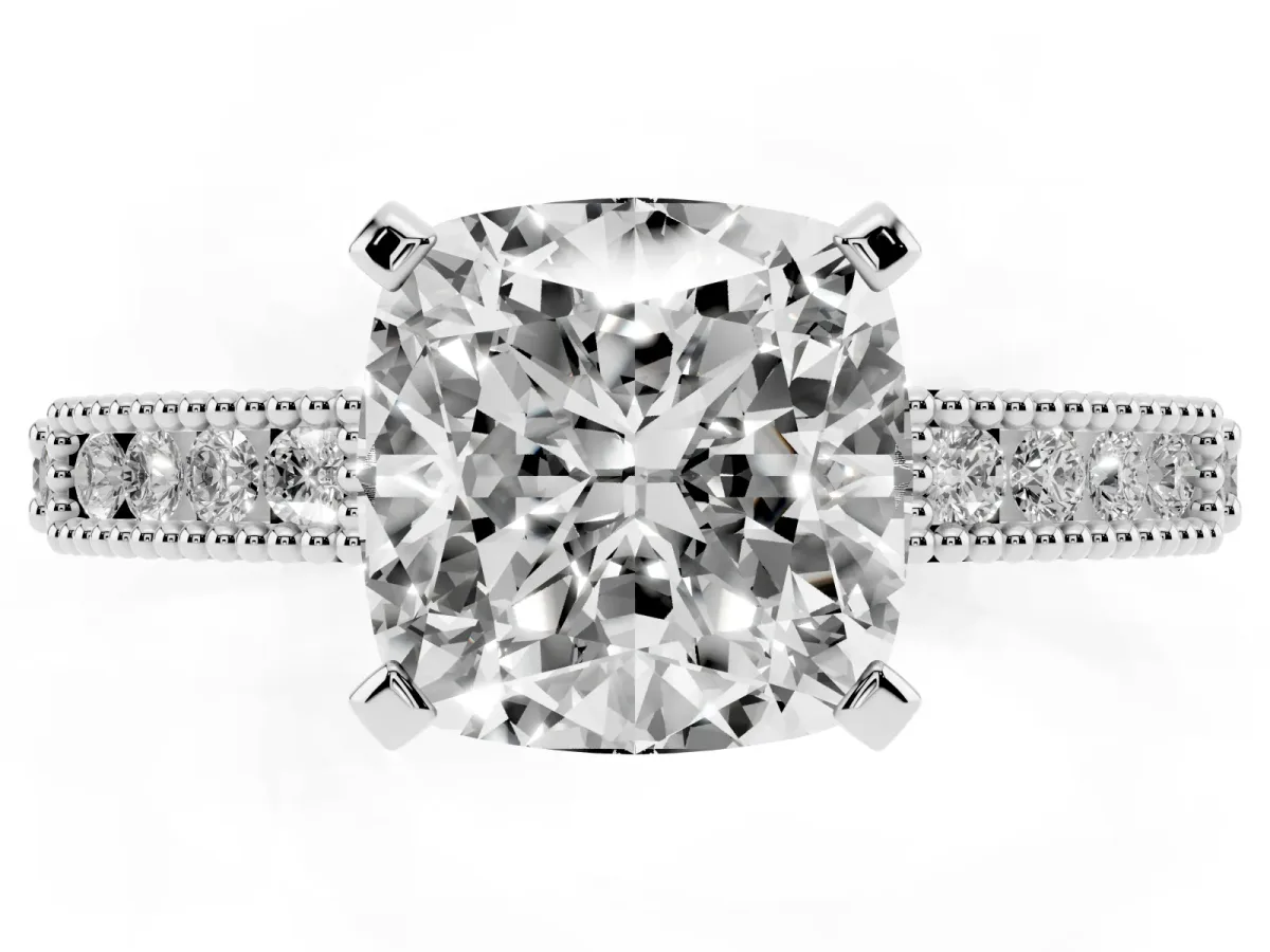 Cushion Cut Solitaire with Pavé Band and Four-Prong Setting Silver