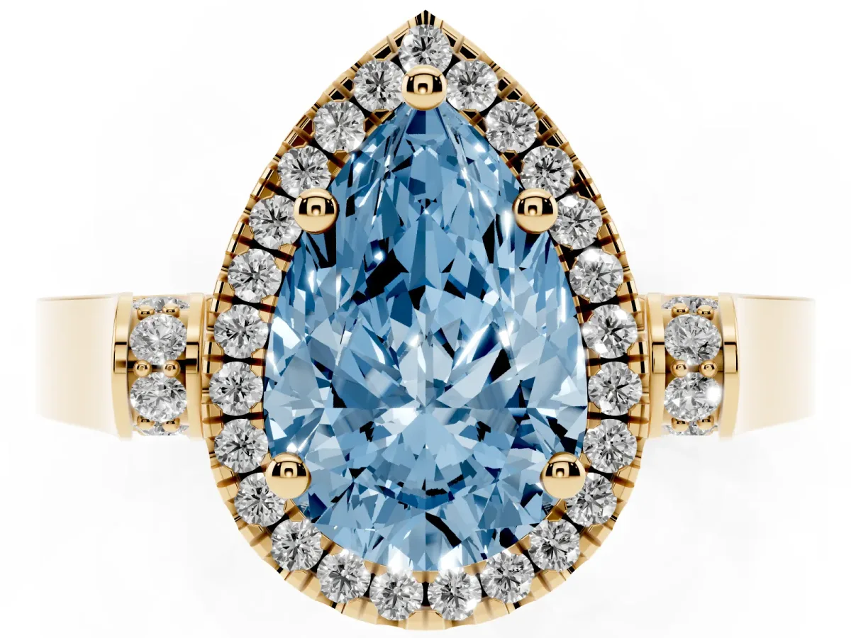 Fancy Blue Pear Cut Halo Pave Split Shank Prong Setting Ring Yellow gold