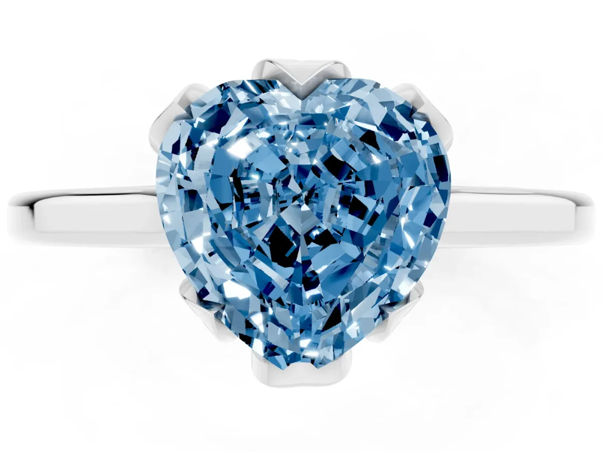 Fancy Blue Heart Cut Diamond Solitaire Ring with Flower Prong Setting and Classic Band Silver