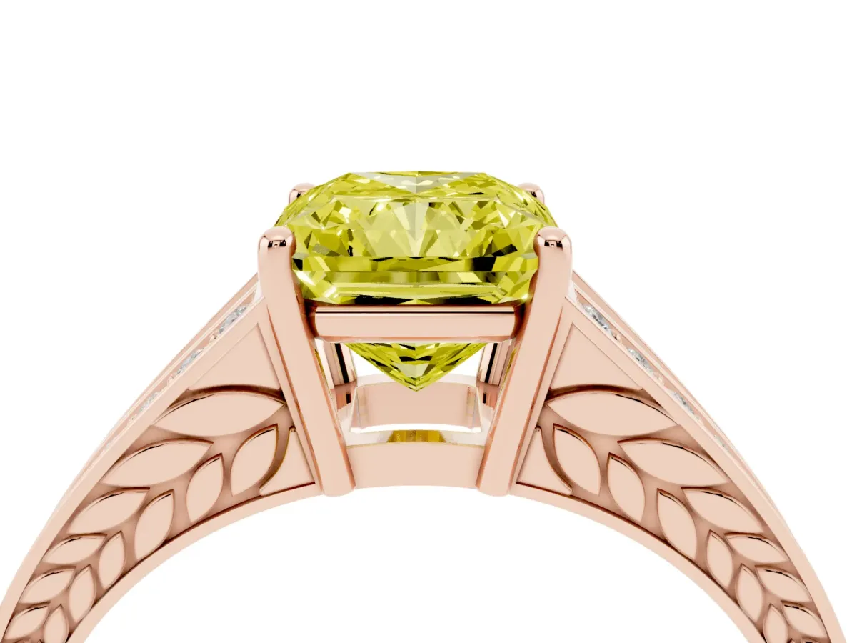 Fancy Yellow Radiant Cut Diamond Split Shank Ring with Pavé Band and Four-Prong Setting Rose gold