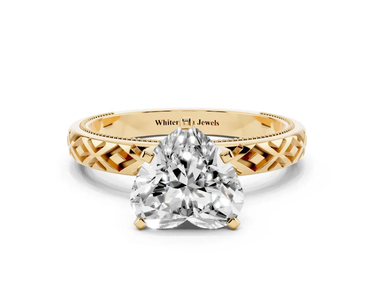 Heart Cut Solitaire Diamond Ring with Milgrain and Black Enamel X Pattern Band Yellow gold