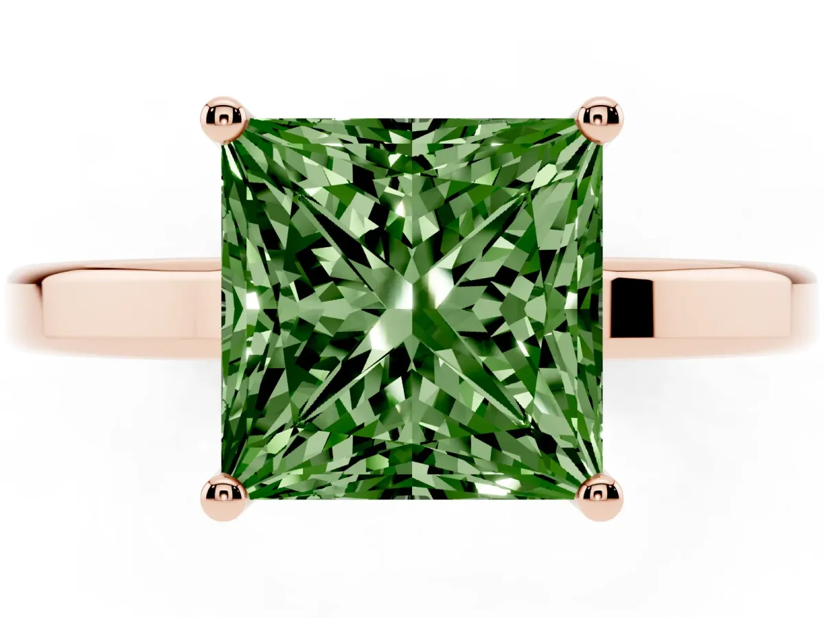 Fancy Green Princess Cut Cut Solitaire Engagement Ring with Four-Prong Setting on a Classic Band Rose gold
