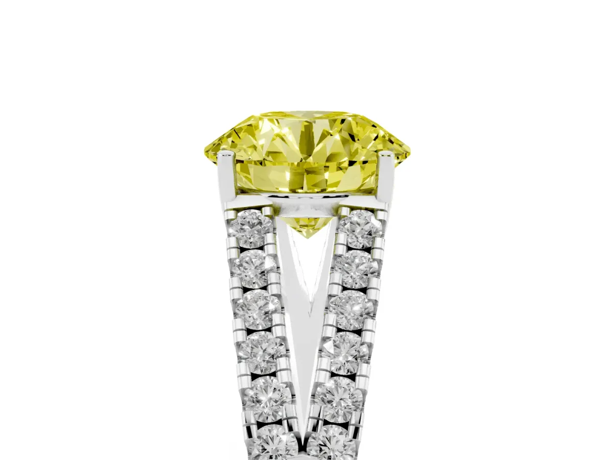 Fancy Yellow Round Cut Diamond Split Shank Engagement Ring with Round Pavé and Prong Setting Platinum