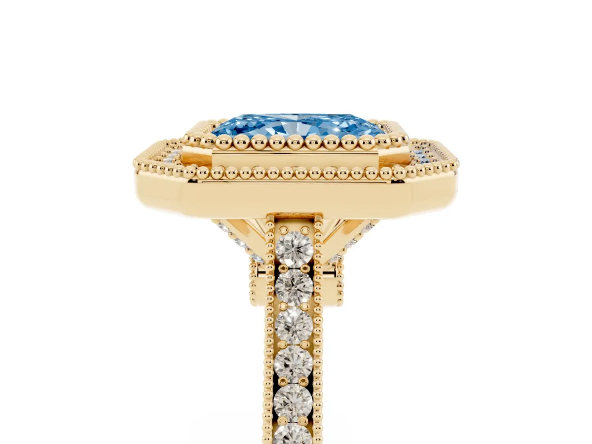 Fancy Blue Radiant Cut Diamond Halo Ring with Milgrain Frame and Pavé Band Yellow gold
