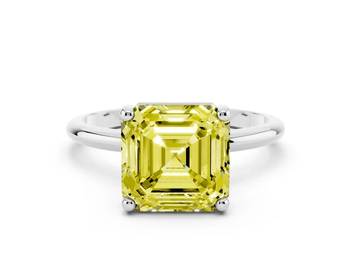 Fancy Yellow Asscher Cut Solitaire Diamond Ring with 4-Prong Setting on a Classic Band Silver