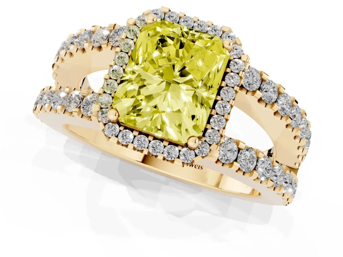 Fancy Yellow Radiant Cut Cut Halo Split Shank Diamond Ring with Four-Prong Setting Yellow gold