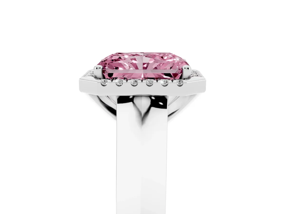 Fancy Pink Radiant Cut Halo Diamond Ring with Cathedral Band and Four-Prong Setting White gold