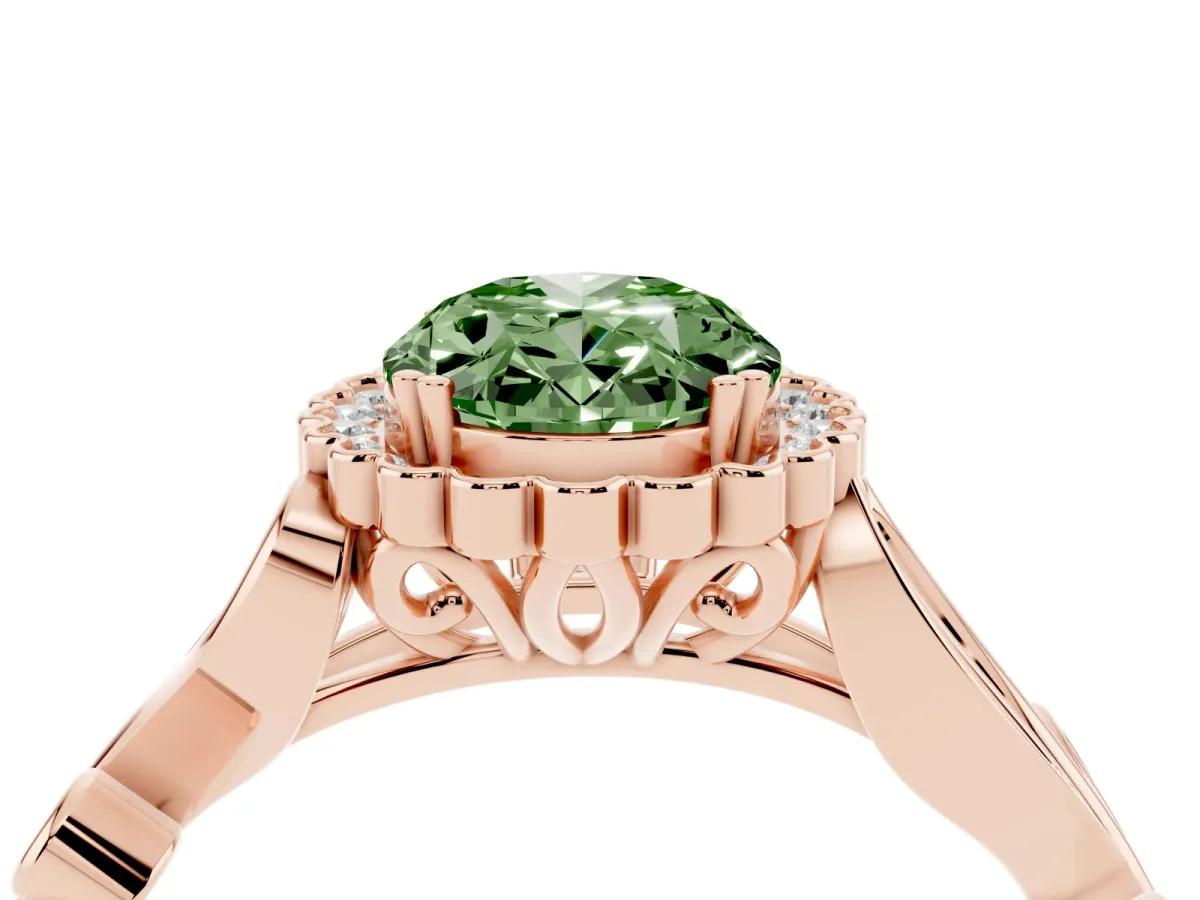 Fancy Green Oval Cut Diamond Halo Ring with Vintage Split Shank and Four-Prong Setting Rose gold