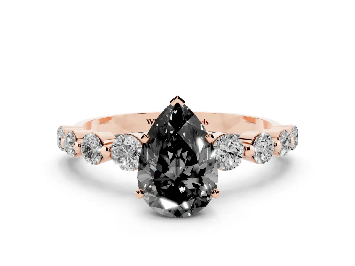 Fancy Black Pear Cut Solitaire Diamond Ring with Pave Band and Four-Prong Setting Rose gold