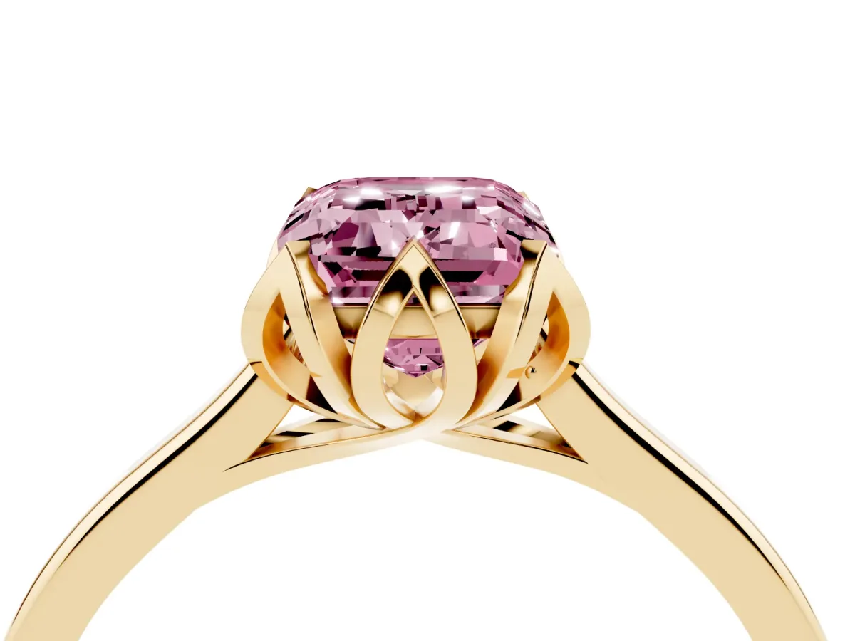 Fancy Pink Emerald Cut Diamond Solitaire Ring with Flower Prong Setting and Classic Band Yellow gold