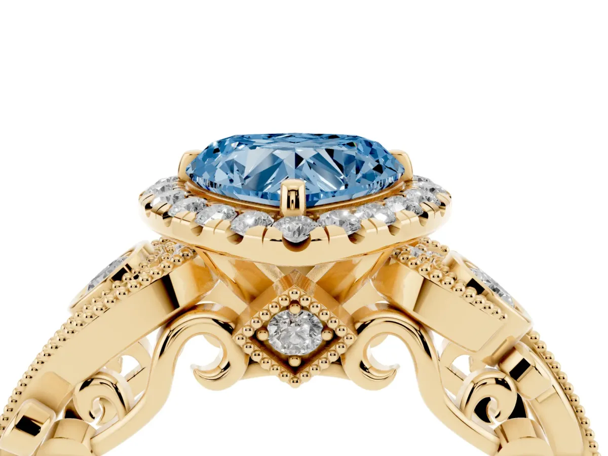 Fancy Blue Heart Cut Diamond Halo Ring with Milgrain Pavé Band and Four-Prong Setting Yellow gold