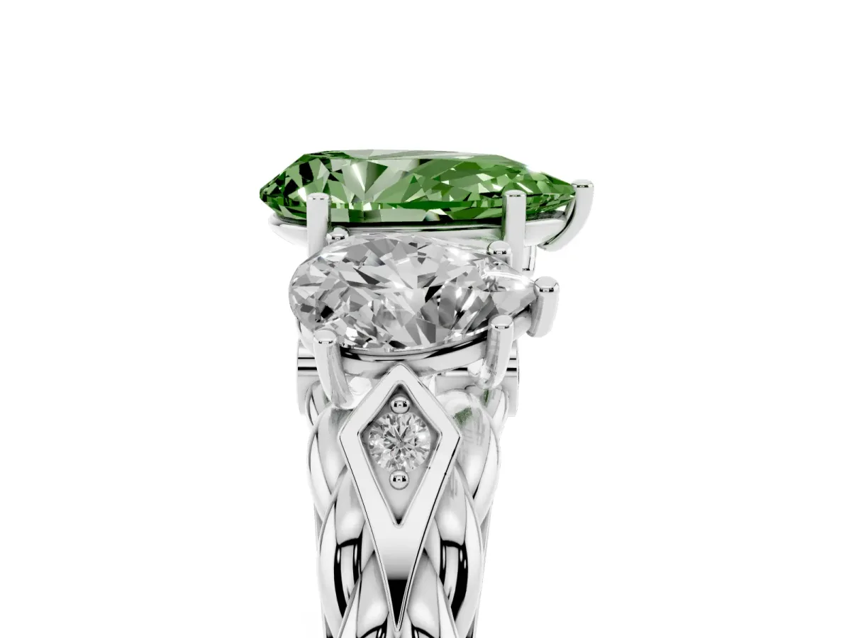 Fancy Green Three-Stone Pear Cut Diamond Braided Band Ring with Four-Prong Setting Silver