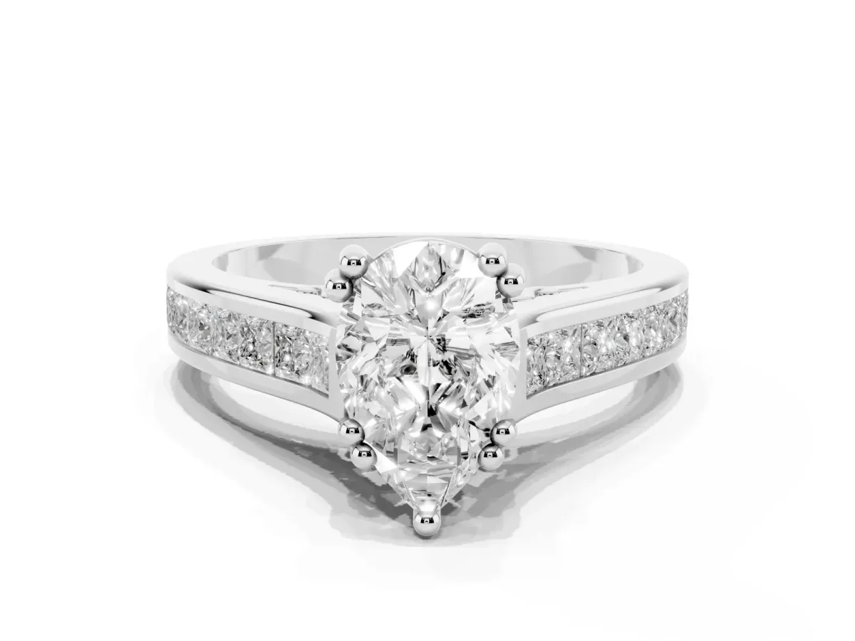 Pear Cut Cut Channel Set Solitaire Engagement Ring with Prong Setting Silver