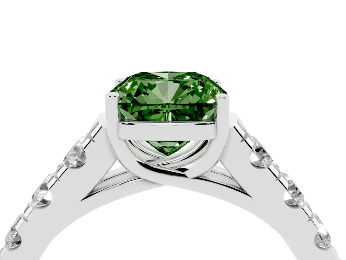 Fancy Green Cushion Cut Cut Diamond Solitaire Ring with Micro Pave Band and Prong Setting Silver