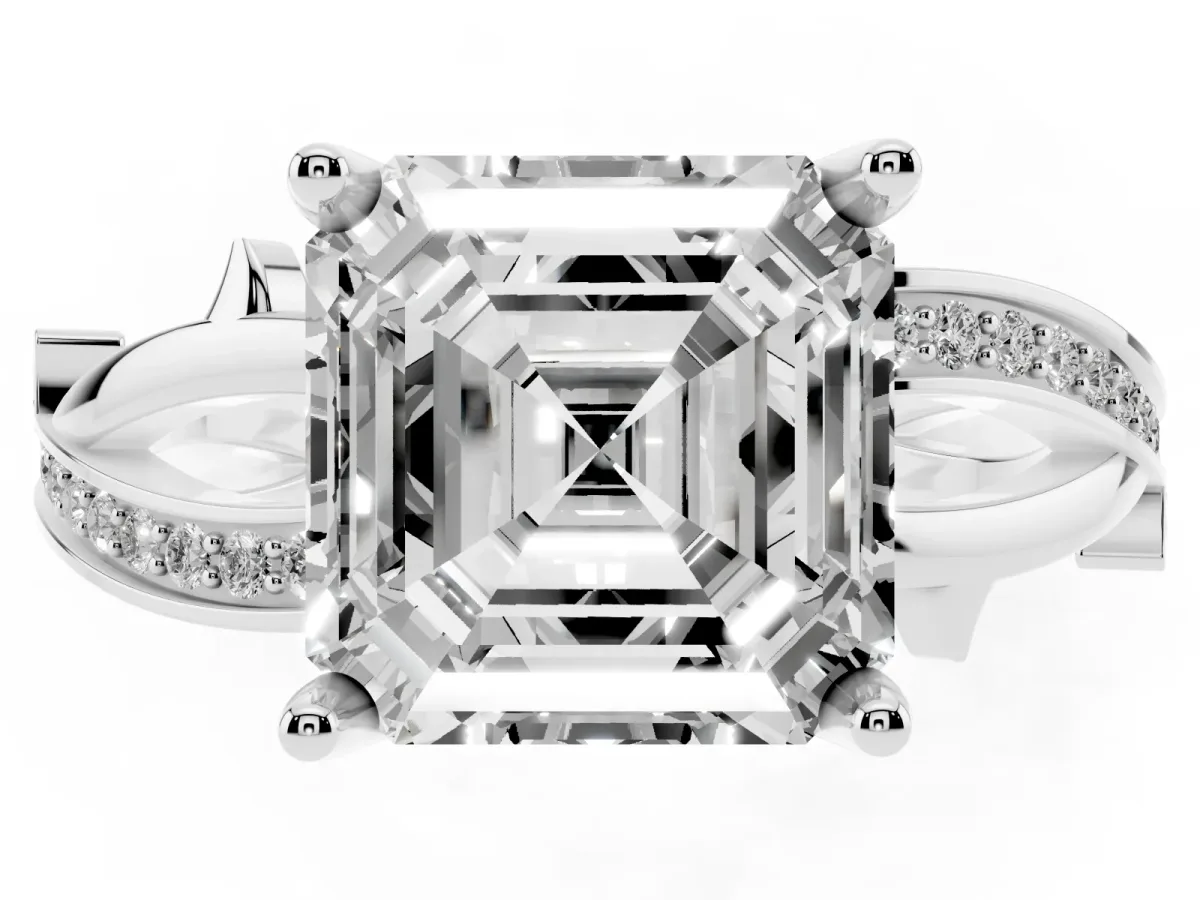 Asscher Cut Solitaire Twist Band with Pavé Accents and Four-Prong Setting White gold