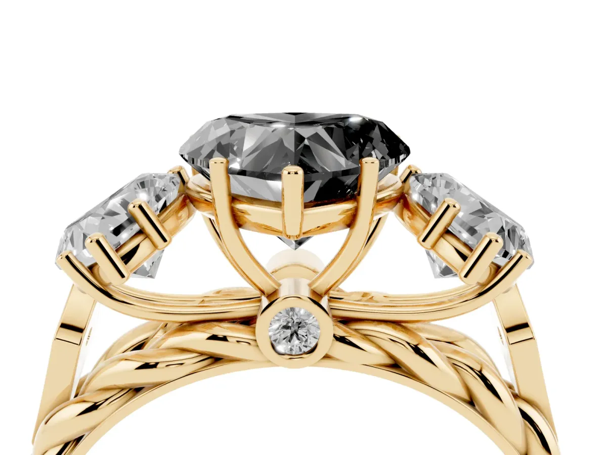 Fancy Black Three-Stone Heart Cut Diamond Braided Band Ring with Four-Prong Setting Yellow gold