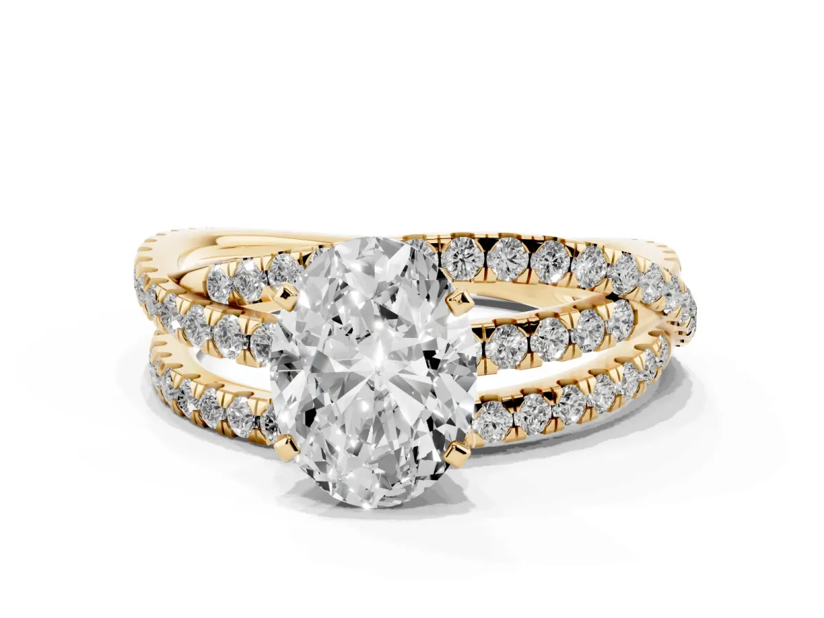 Oval Cut Solitaire Twist Band with Pavé Setting and Four-Prong Setting Yellow gold