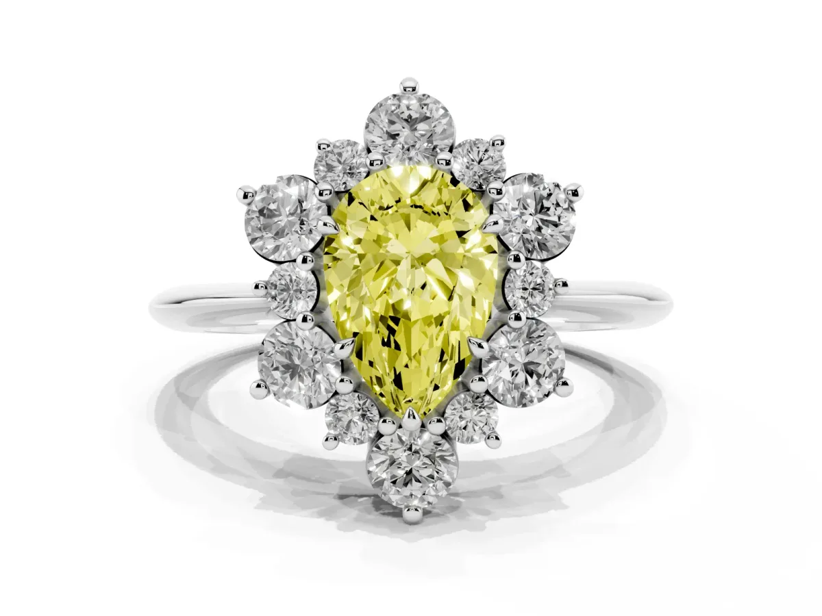 Fancy Yellow Pear Cut Diamond Cluster Halo Ring with Solitaire Band and Four-Prong Setting Silver