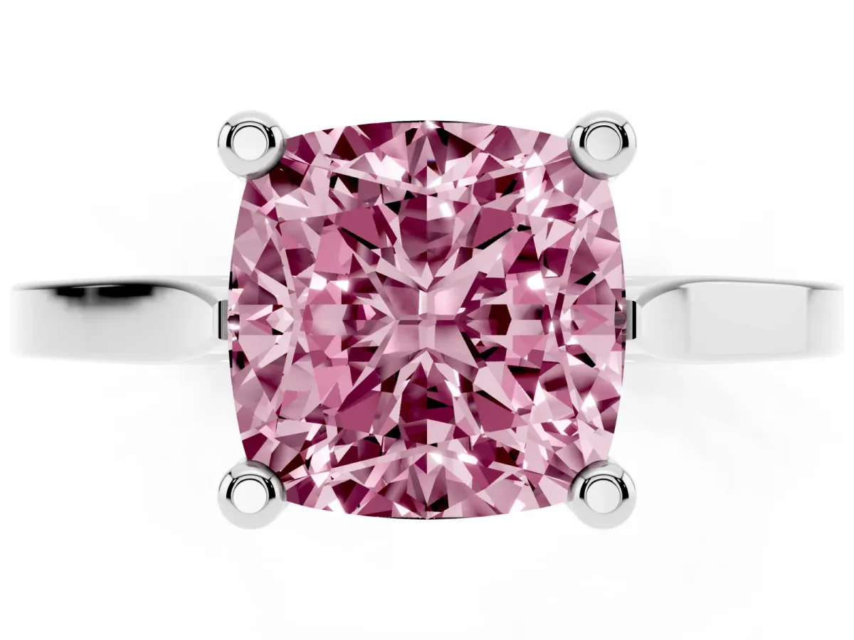 Fancy Pink Cushion Cut Solitaire Diamond Ring with Four-Prong Setting and Tapered Band Silver