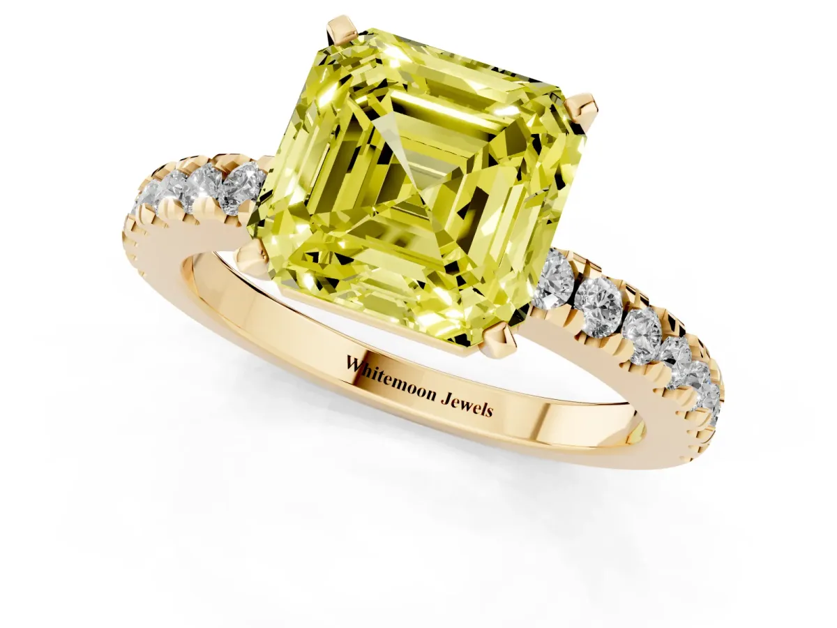 Fancy Yellow Asscher Cut Solitaire Diamond with Pavé Band and Four-Prong Setting Yellow gold