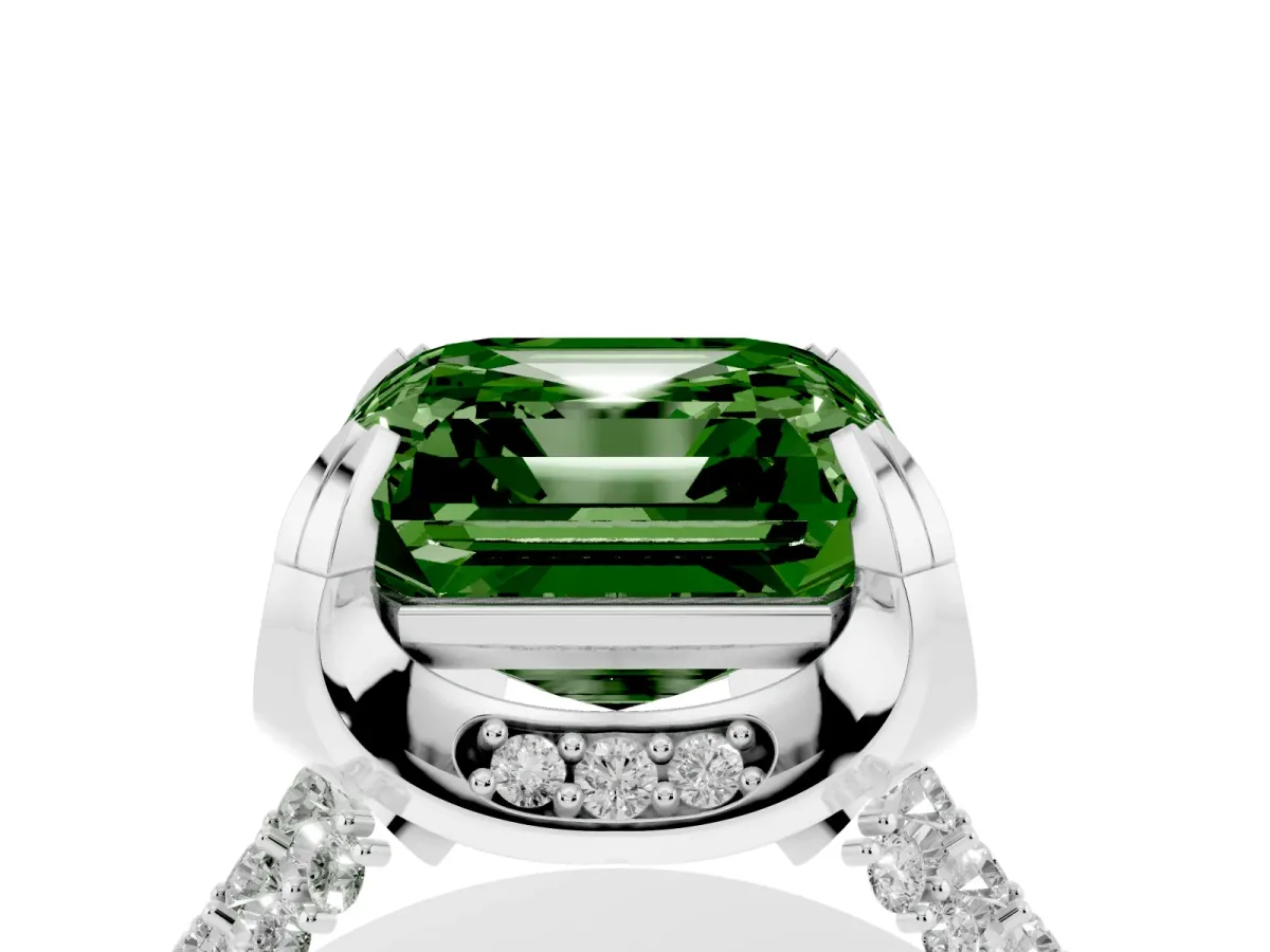 Fancy Green Asscher Cut Solitaire Pave Split Shank Ring with Four-Prong Setting Platinum