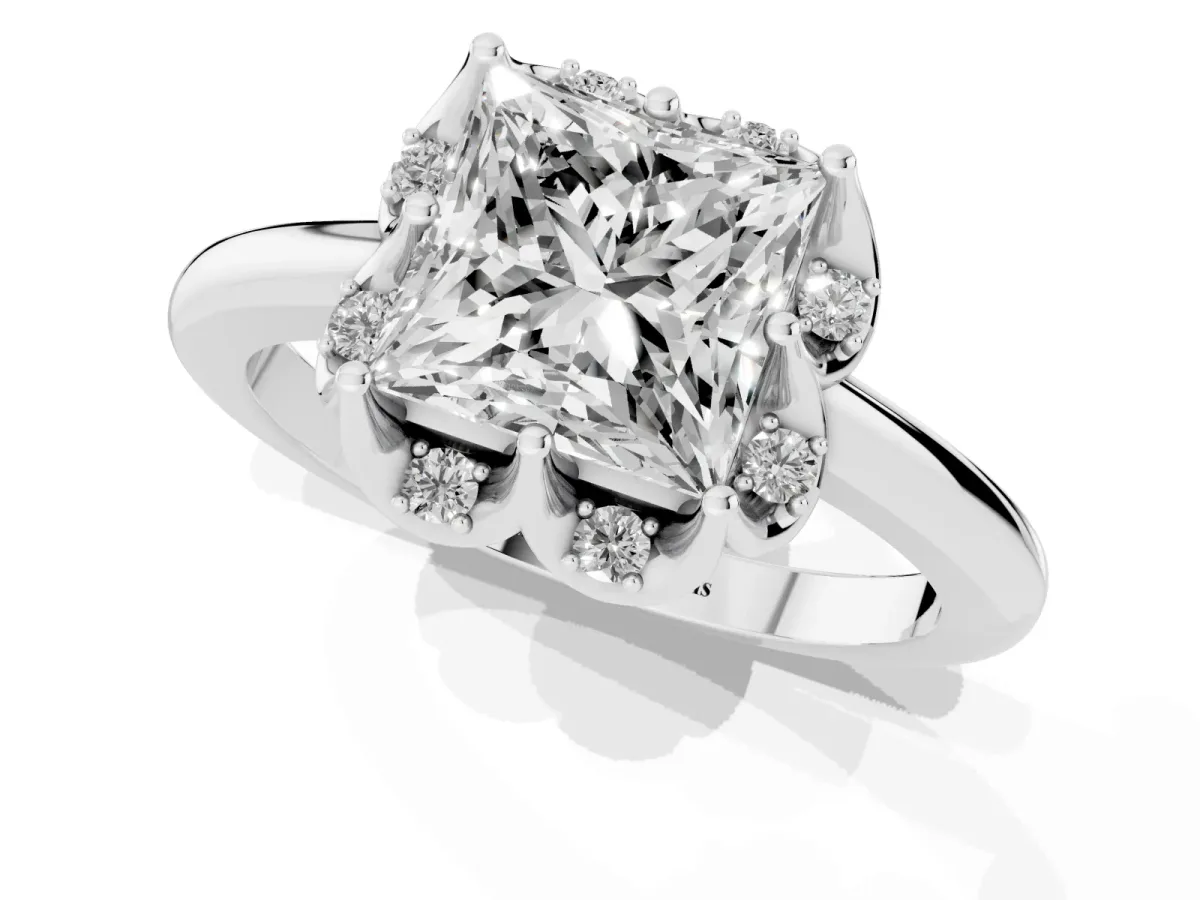 Princess Cut Halo Diamond Ring with Round Cluster Setting, Solitaire Band, and Four-Prong Setting White gold