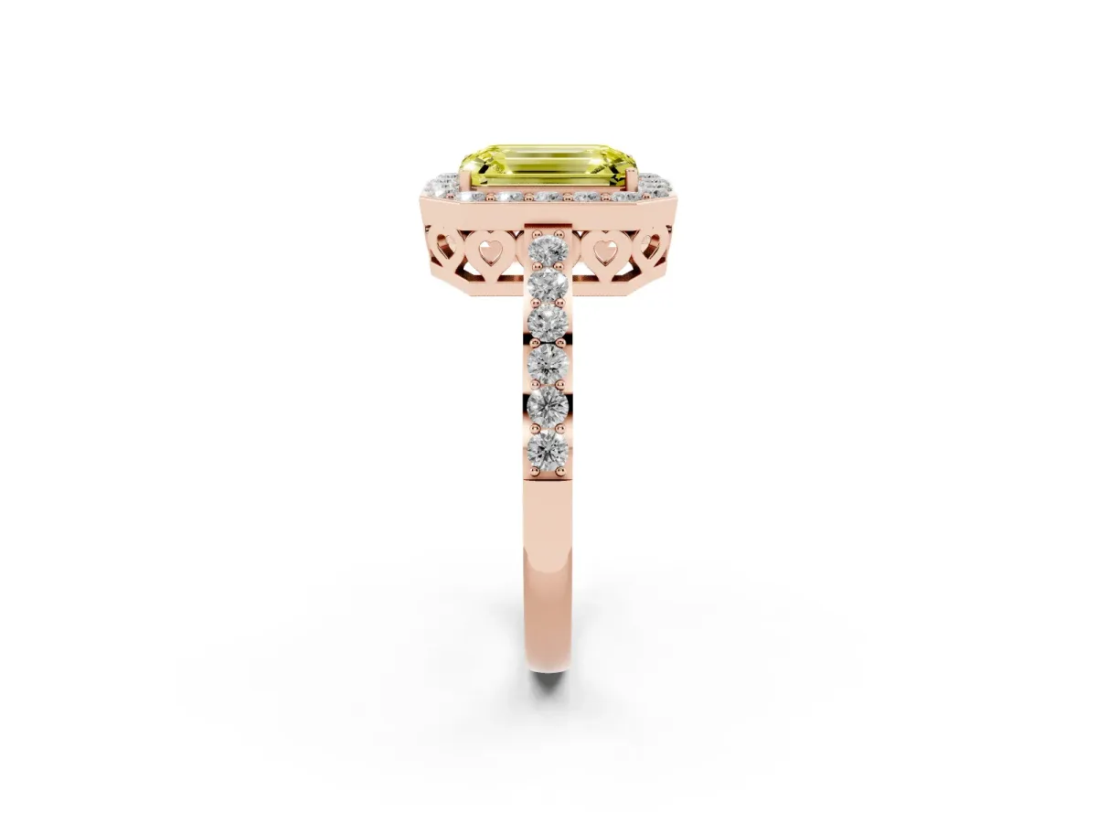 Fancy Yellow Emerald Cut Halo Diamond Pavé Band Ring with Prong Setting Rose gold