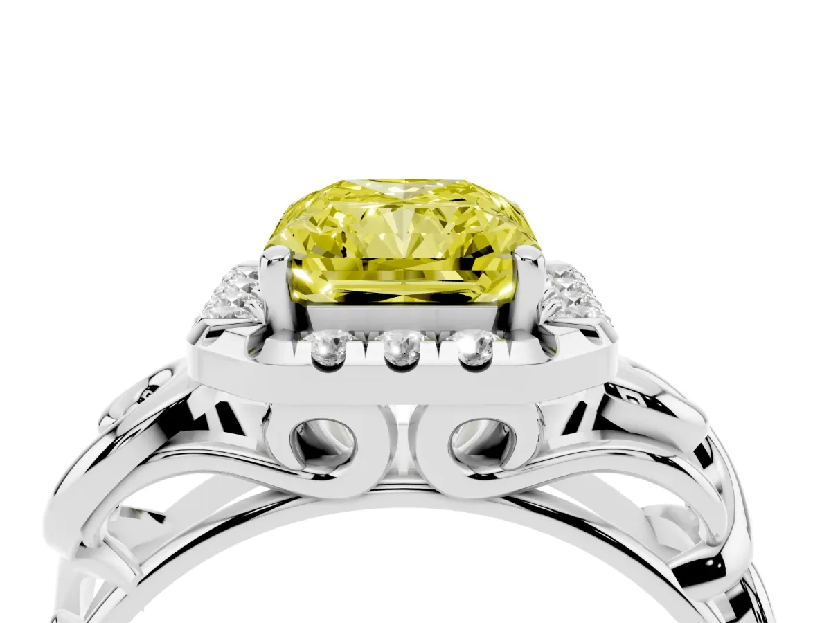 Fancy Yellow Radiant Cut Cut Halo Diamond Ring with Scrollwork Band and Four-Prong Setting Silver