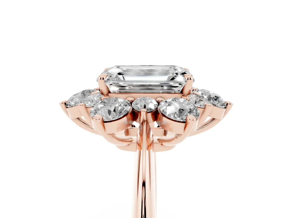 Emerald Cut Diamond Cluster Halo Ring with Solitaire Band and Four-Prong Setting Rose gold