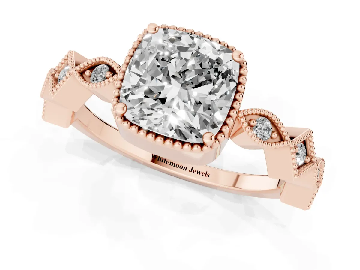 Cushion Cut Milgrain Marquise Diamond Twist Band Ring Rose gold