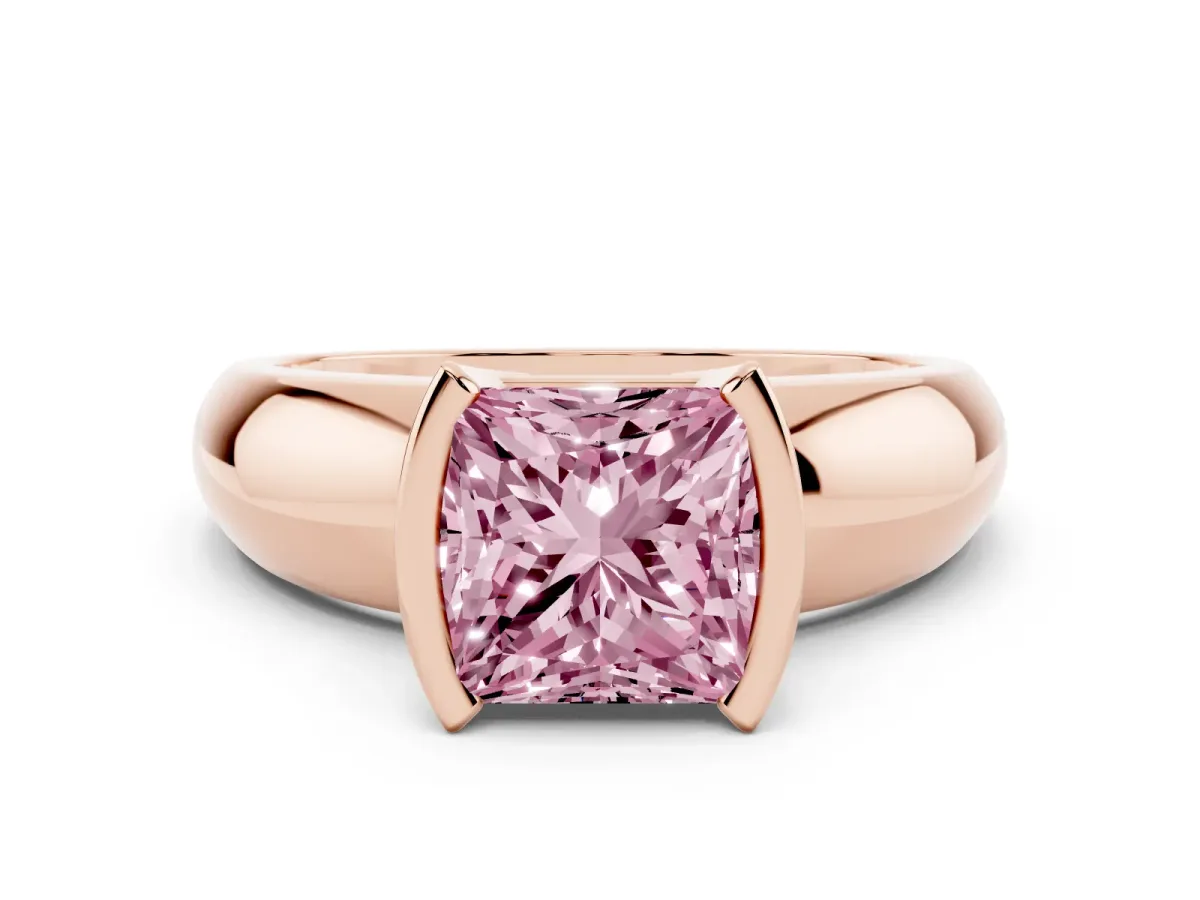 Fancy Pink Princess Cut Solitaire Tension Set Diamond Ring with Wide Band Rose gold