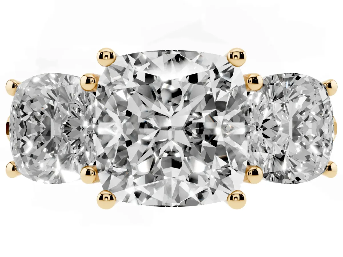 Three-Stone Cushion Cut Diamond Ring with Round Pavé Band and Prong Setting Yellow gold