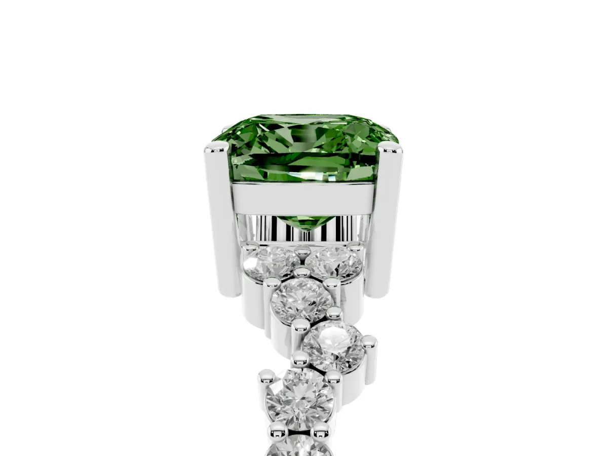 Fancy Green Cushion Cut Diamond Scattered Round Accent Ring with Prong Setting White gold