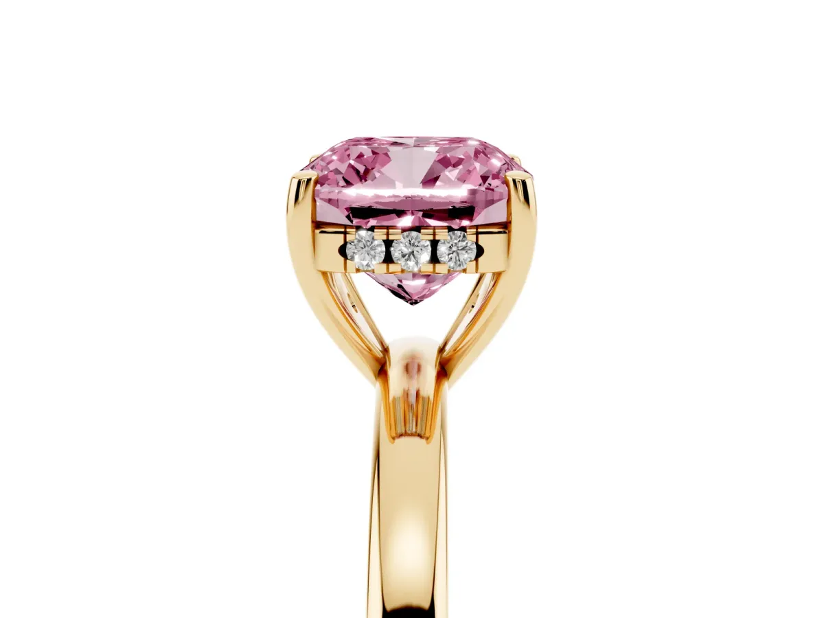 Fancy Pink Cushion Cut Solitaire Diamond Ring with Prong Setting and Plain Band Yellow gold