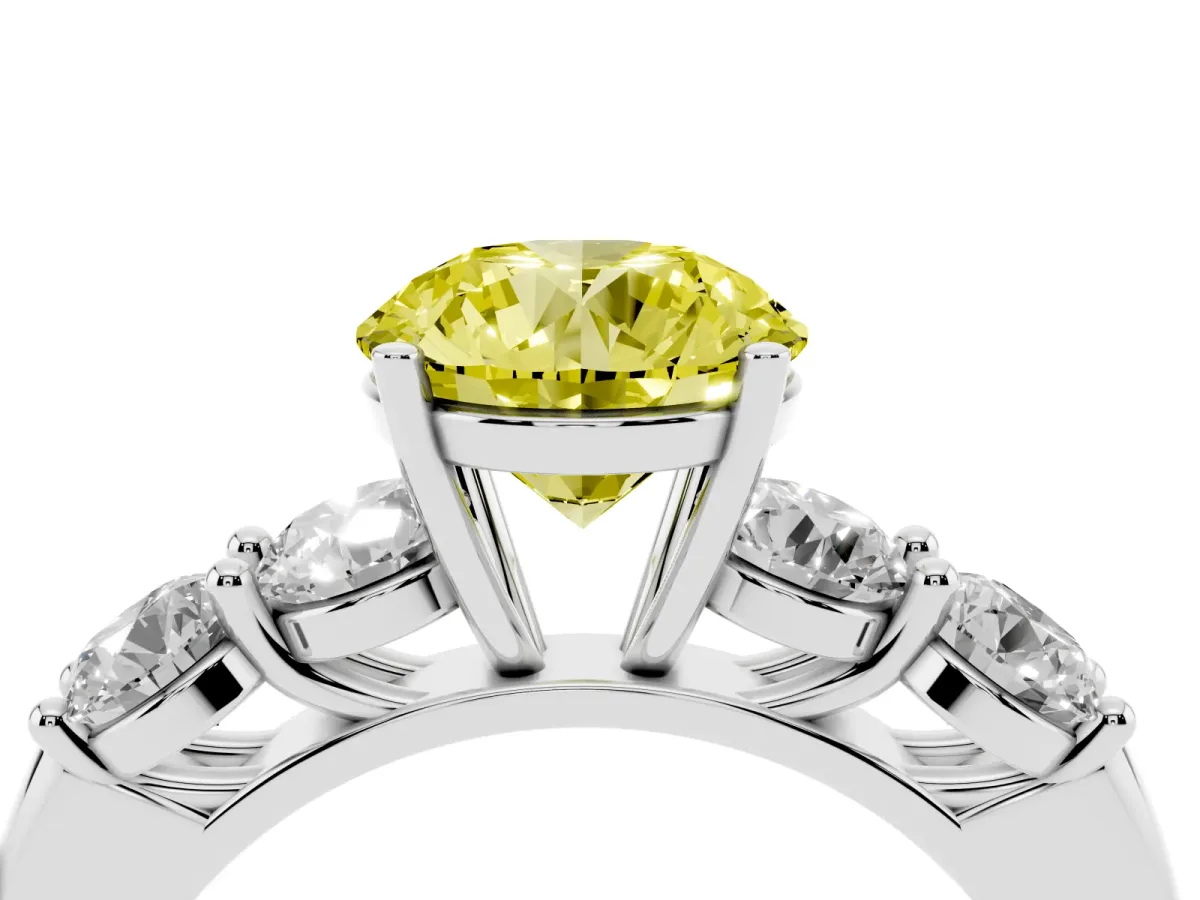 Fancy Yellow Round Cut Cut Five-Stone Prong Set Diamond Ring with Classic Band Silver