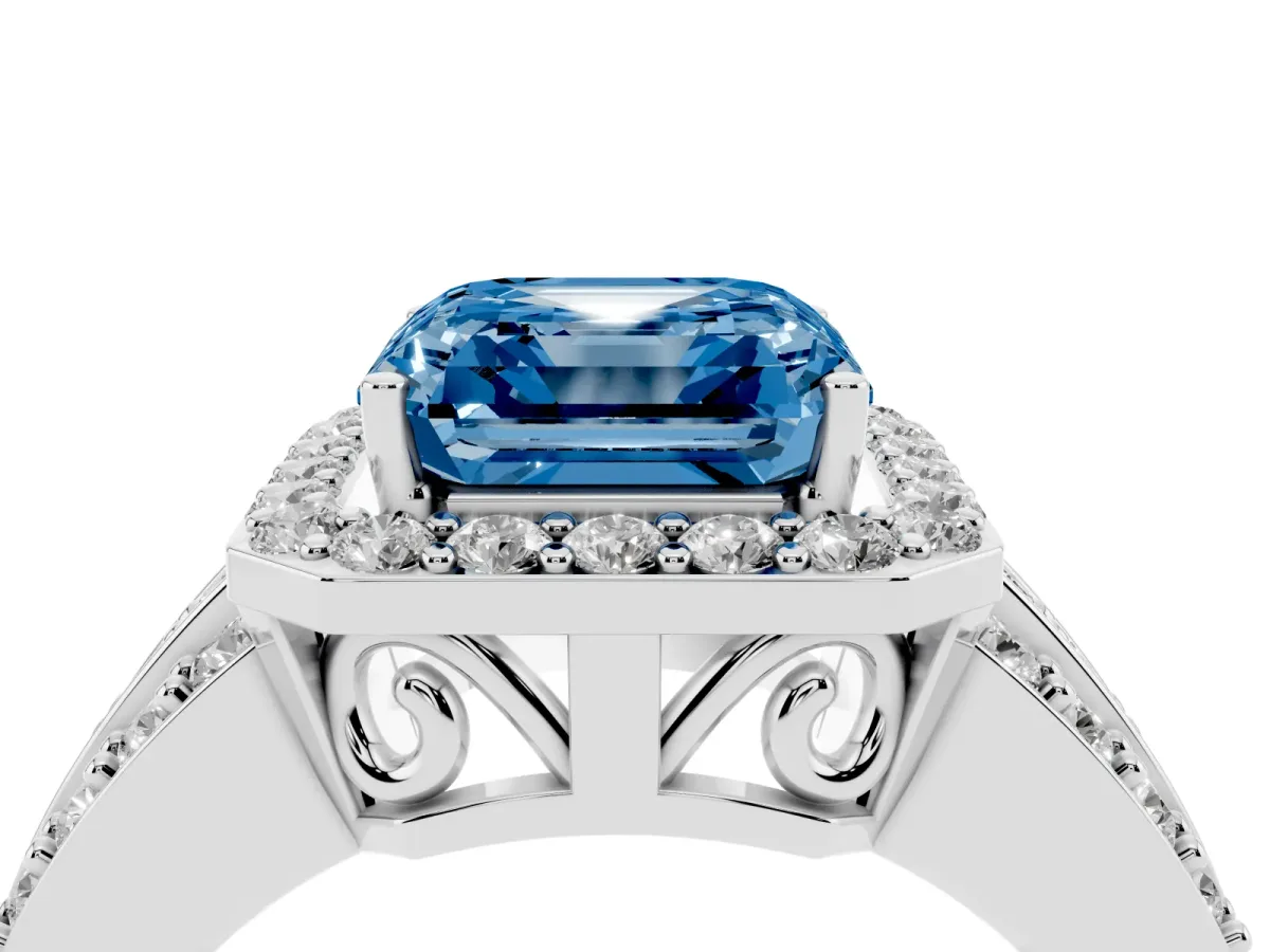 Fancy Blue Asscher Cut Halo Diamond Ring with Round Split Shank and Prong Setting Silver