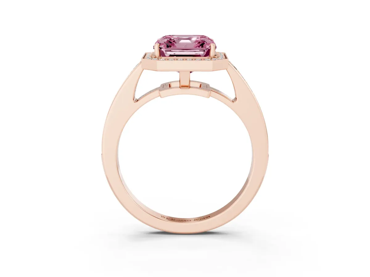 Fancy Pink Asscher Cut Halo Pavé Diamond Engagement Ring with Bezel Setting Rose gold