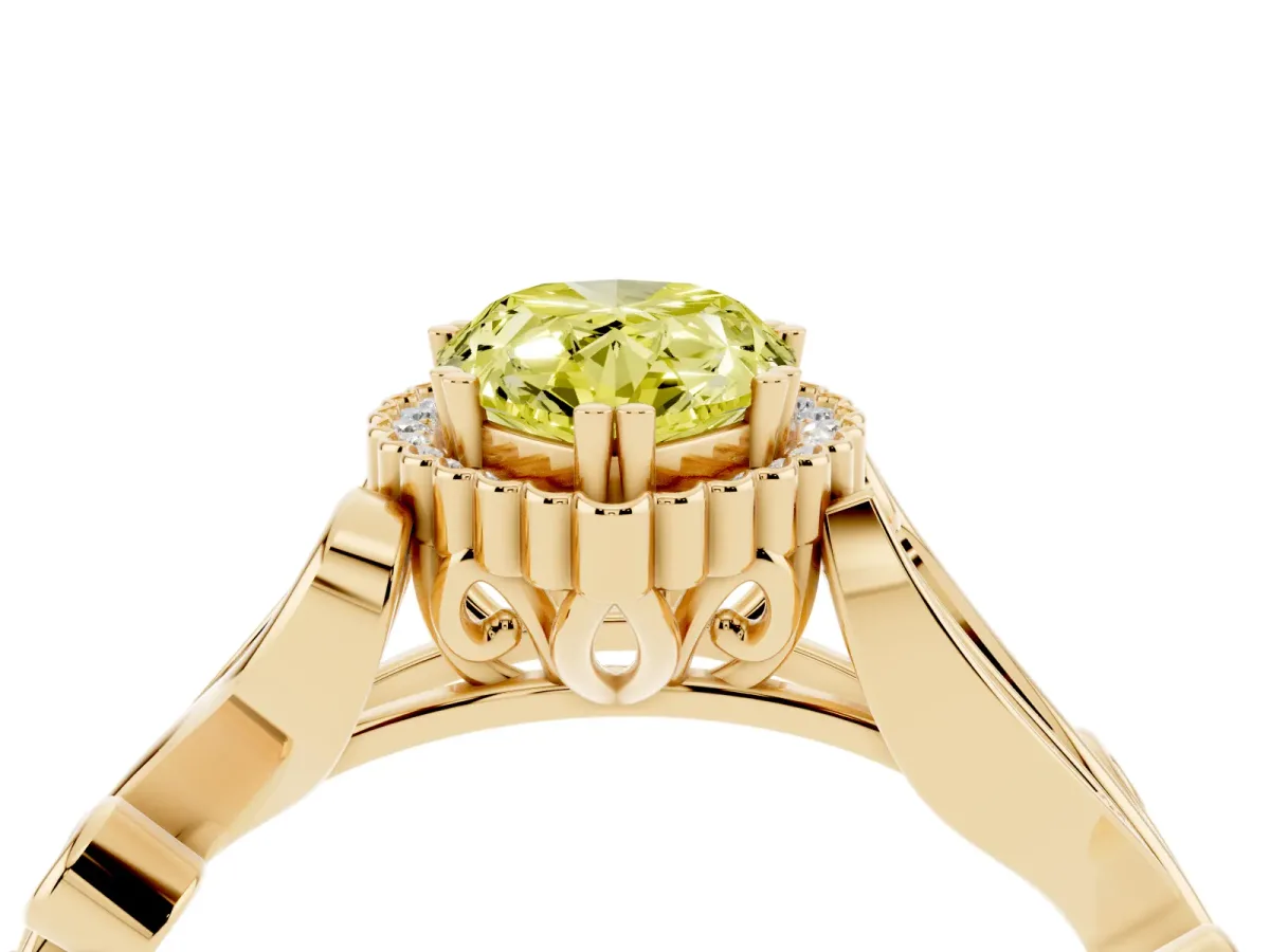 Fancy Yellow Pear Cut Diamond Halo Ring with Vintage Split Shank and Four-Prong Setting Yellow gold