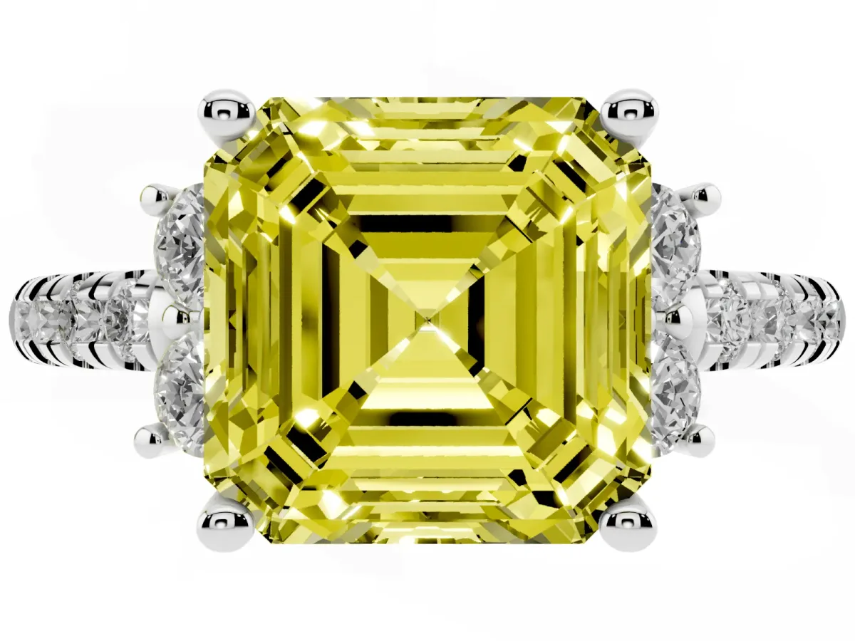 Fancy Yellow Asscher Cut Diamond Three-Stone Pave Band with Four-Prong Setting Silver