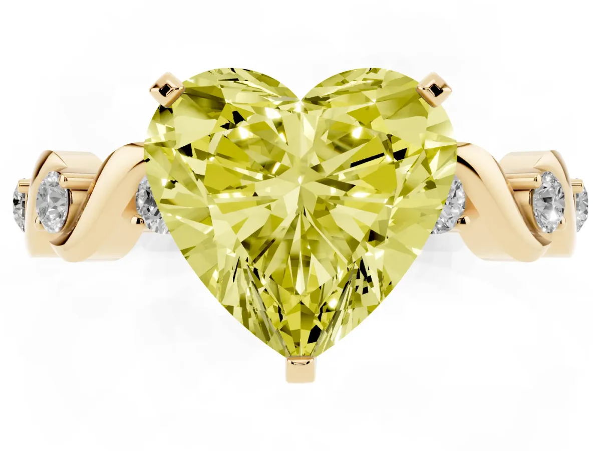 Fancy Yellow Heart Cut Diamond Solitaire Twisted Band with Round Accents and Prong Setting Yellow gold