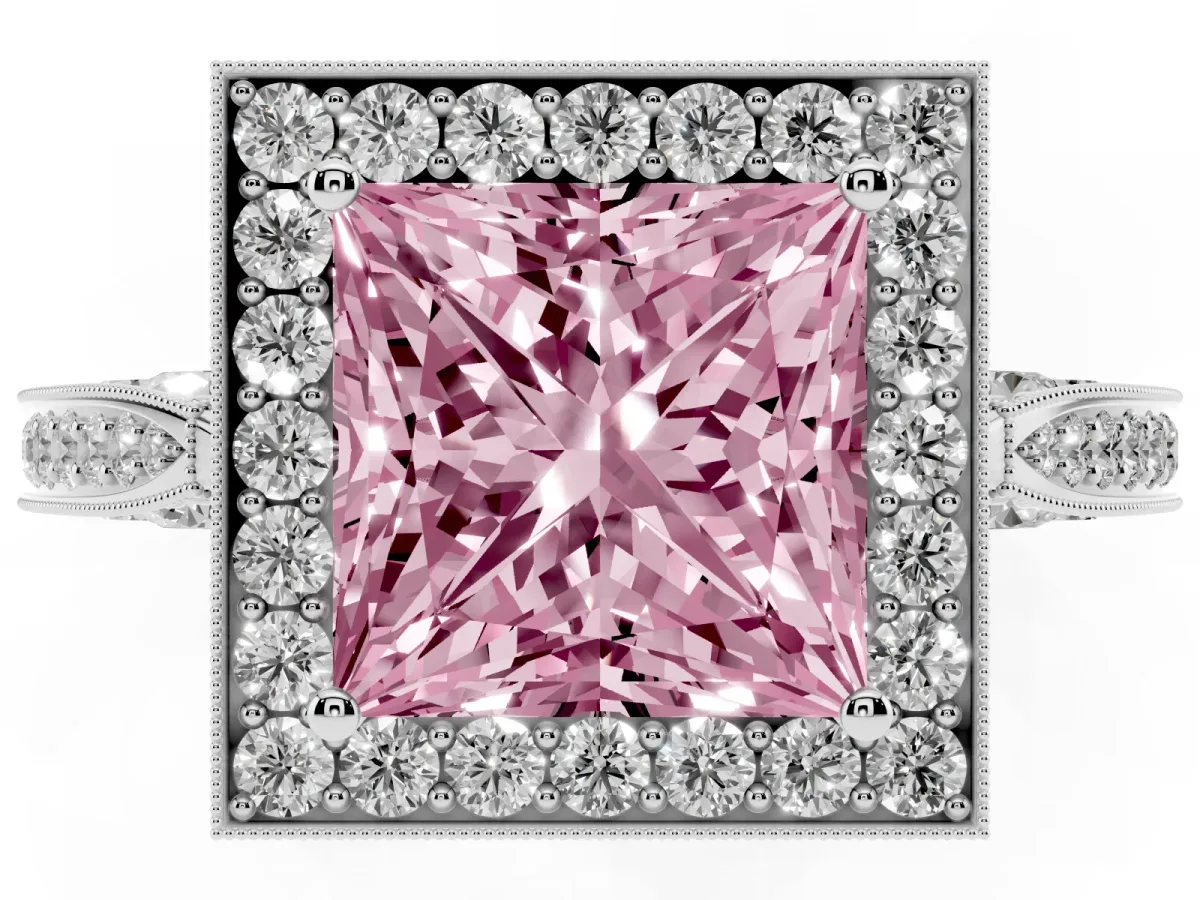 Fancy Pink Princess Cut Halo Diamond Engagement Ring with Split Shank Band and Four-Prong Setting Silver