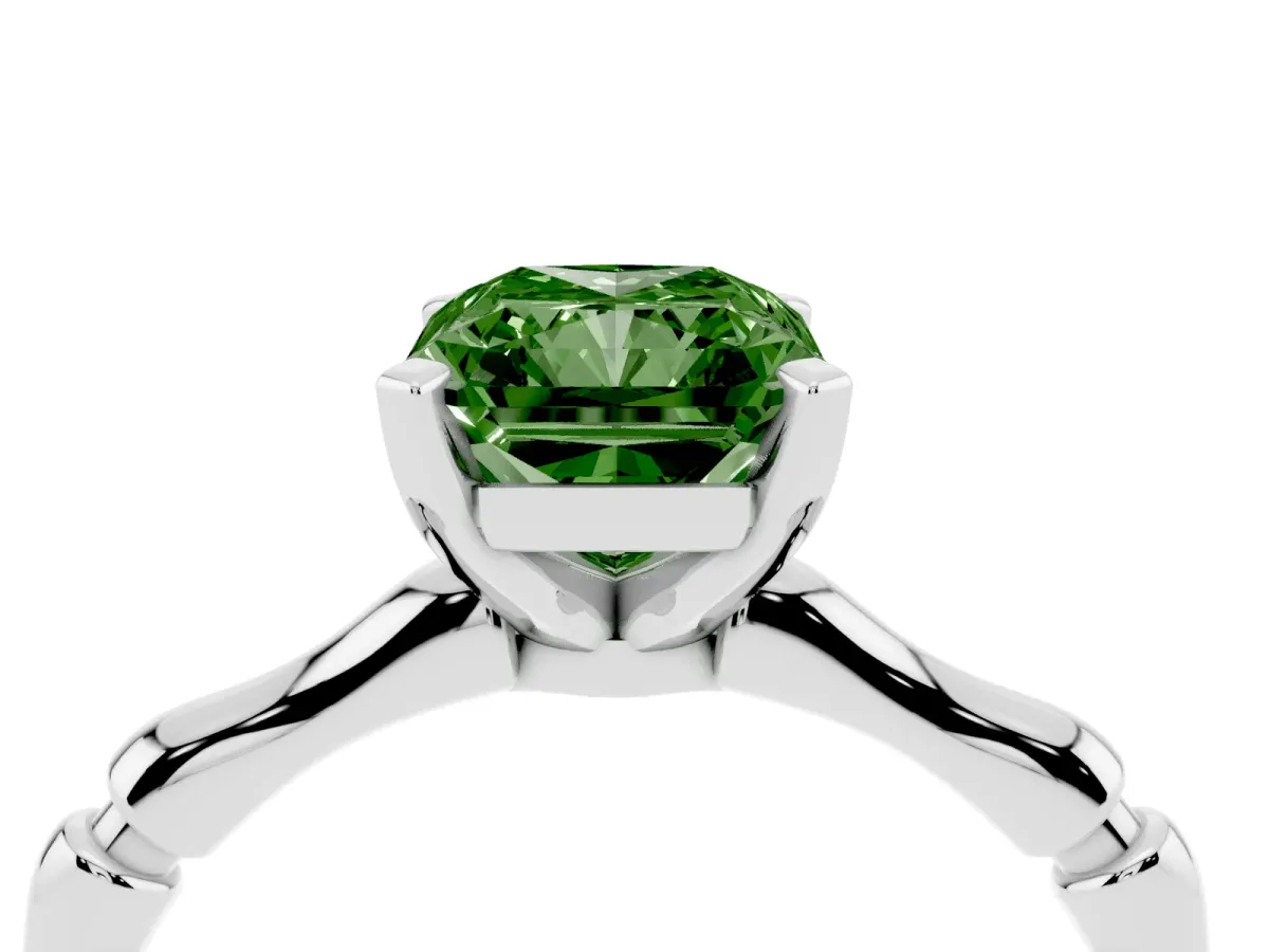 Fancy Green Radiant Cut Solitaire Diamond Ring with Bamboo Band and Four-Prong Setting Silver