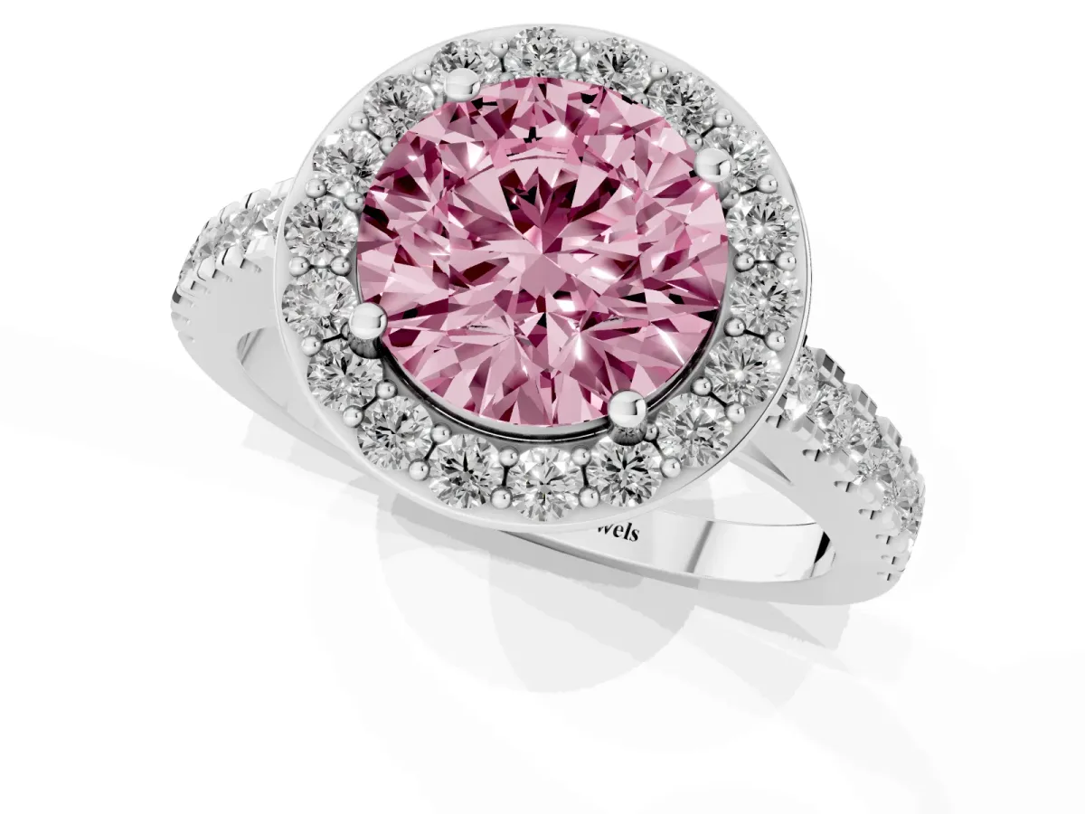 Fancy Pink Round Cut Diamond Halo Ring with Round Pavé Split Shank and Prong Setting Silver