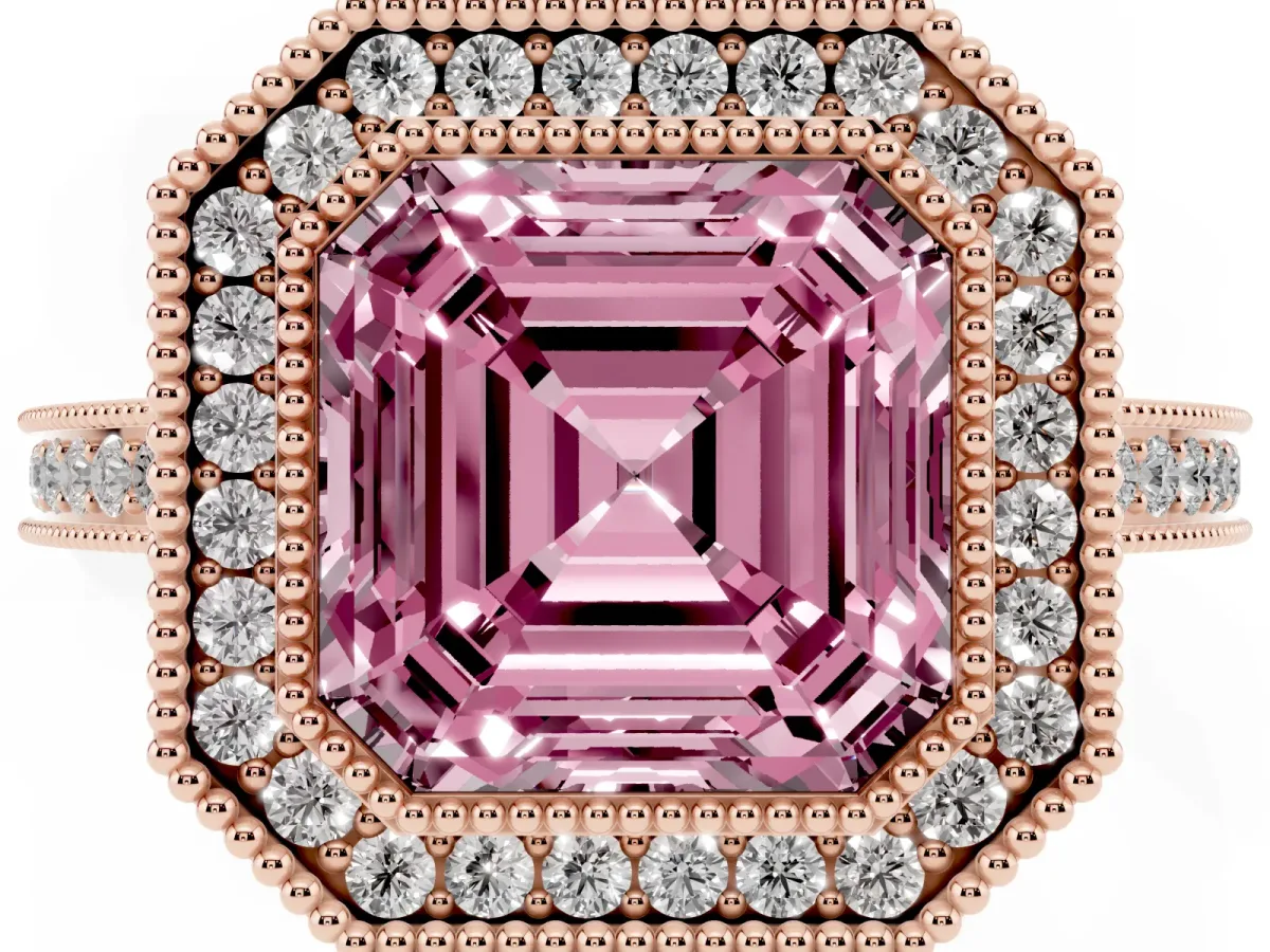 Fancy Pink Asscher Cut Cut Halo Diamond Ring with Pavé Band and Milgrain Prong Setting Rose gold