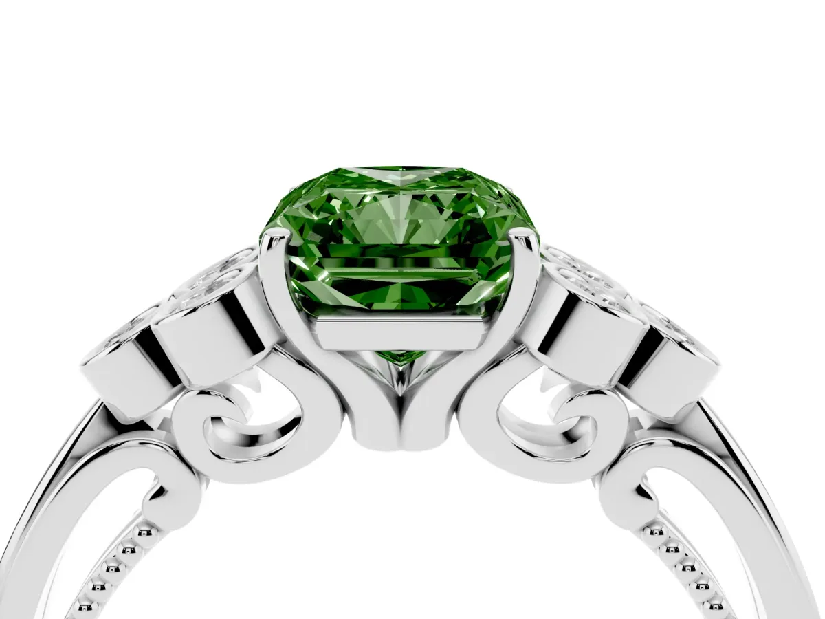 Fancy Green Radiant Cut Cut Diamond Engagement Ring with Bezel Set Round Side Stones and Prong Setting Silver