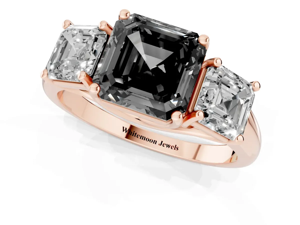 Fancy Black Three-Stone Asscher Cut Diamond Engagement Ring with Prong Setting Rose gold