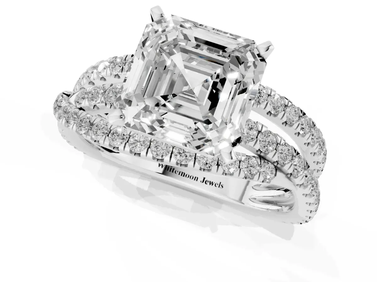 Asscher Cut Solitaire Twist Band with Pavé Setting and Four-Prong Setting Silver