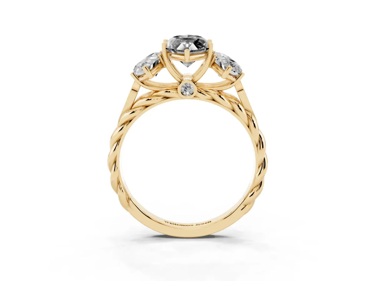 Fancy Black Three-Stone Marquise Cut Diamond Braided Band Ring with Four-Prong Setting Yellow gold