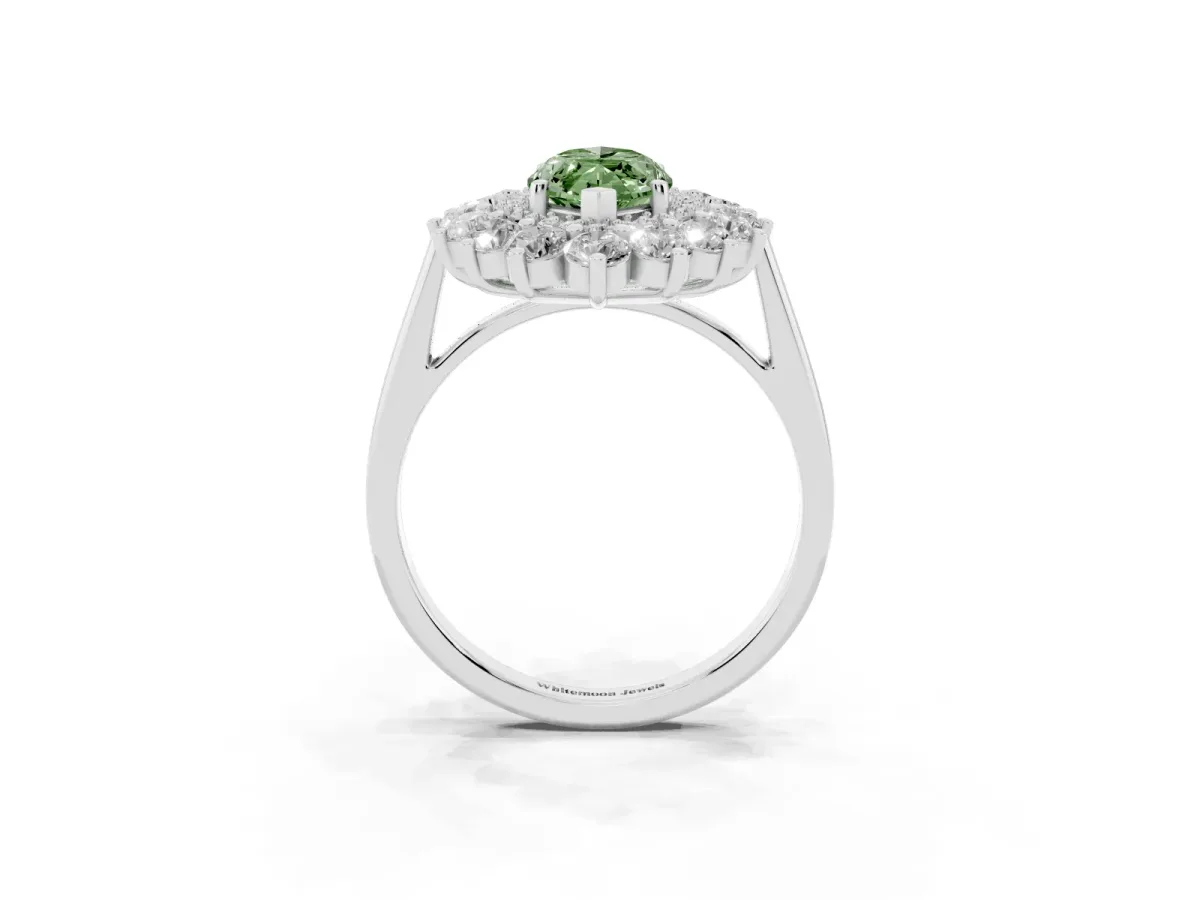 Fancy Green Marquise Cut Diamond Floral Double Halo Engagement Ring with Prong Setting Platinum